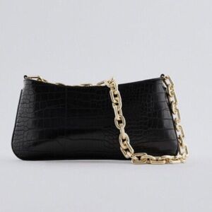 Zara CHAIN STRAP ANIMAL EMBOSSED SHOULDER BAG black